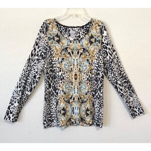 Chicos Womens Top Leopard Floral Print Small Long Sleeve Knit Top‎ Blouse Chic